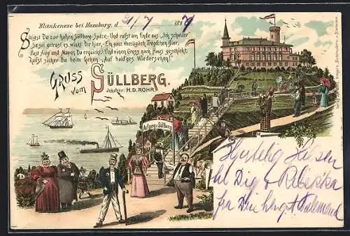 Lithographie Hamburg-Blankenese, Gasthof Süllberg mit Besuchern