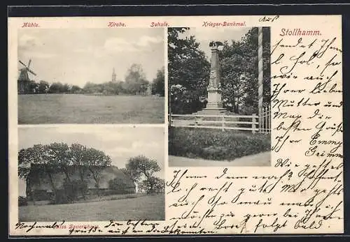 AK Stollhamm, Krieger-Denkmal, altes Bauernhaus, Panorama mit Kirche