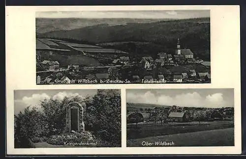 AK Wildbach b. Zwickau, Totalansicht, Kriegerdenkmal und Ober-Wildbach