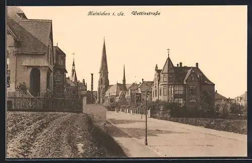 AK Hainichen i. Sa., Wettinstrasse mit Kirchblick