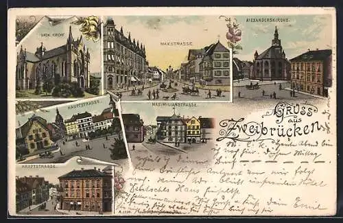 Lithographie Zweibrücken, Hauptstrasse, Maximilianstrasse, Maxstrasse