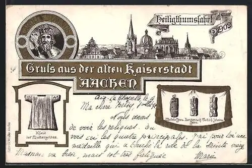 Lithographie Aachen, Heiligthumsfahrt 1902, Carolus Magnus, Kleid der Muttergottes