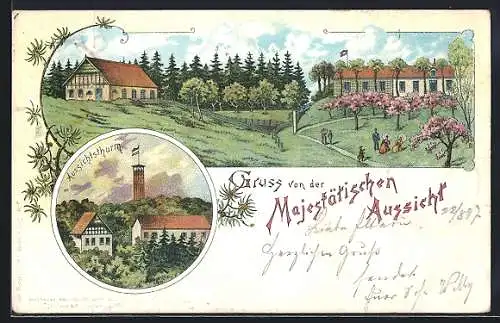 Lithographie Hamburg-Heimfeld, Gasthaus u. Aussichtsturm Majestätische Aussicht, Ehestorfer Weg