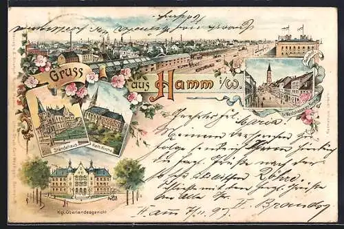 Lithographie Hamm i/W., Gesamtansicht, Ständehaus, Kath. Kirche & Kgl. Oberlandesgericht