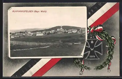 AK Ruhmannsfelden /Bayr. Wald, Panorama mit Kirche, Eisernes Kreuz 1914