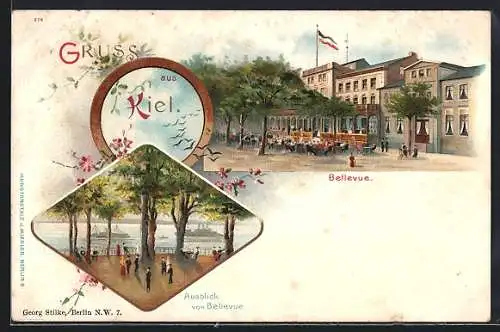 Lithographie Kiel, Bellevue, Blick auf das Wasser, Dampfer