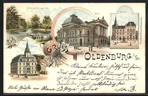 Lithographie Oldenburg / O., Theater, Rathaus, Schloss