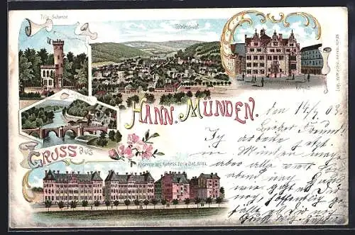 Lithographie Hann. Münden, Kaserne des Kurhess. Pionier Bat. Nr. 11, Rathaus und Tilly-Schanze
