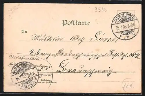 Lithographie Hann. Münden, Kaserne des Kurhess. Pionier Bat. Nr. 11, Rathaus und Tilly-Schanze