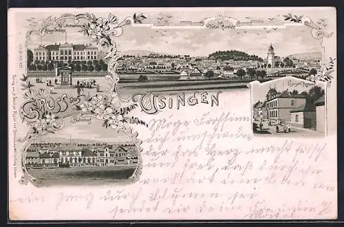 Lithographie Usingen, Bahnhof mit Dampflok, Kaiserliches Postamt, Kgl. Lehrerseminar