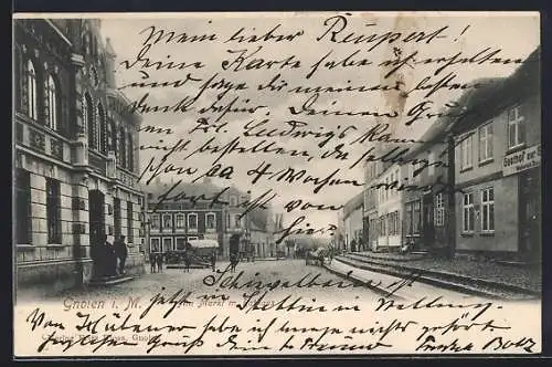 AK Gnoien i. M., Am Markt mit Rathaus und Gasthof