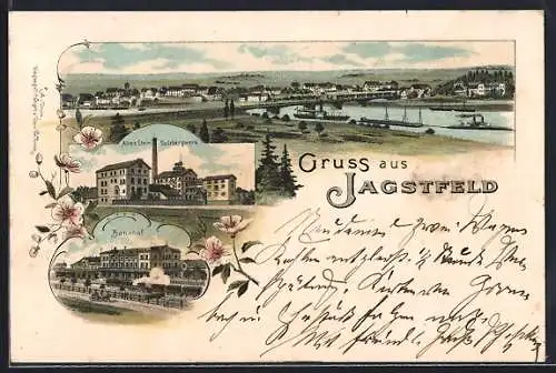 Lithographie Jagstfeld, Altes Stein-Salzbergwerk, Bahnhof, Totalansicht