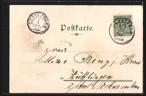 Lithographie Jagstfeld, Altes Stein-Salzbergwerk, Bahnhof, Totalansicht