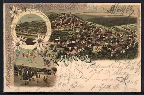 Lithographie Altensteig, Bahnhof, Marktplatz, Totalansicht