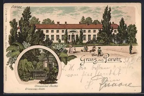 Lithographie Paretz, Chinesischer Pavillon, Erinnerungs-Grotte, Schloss