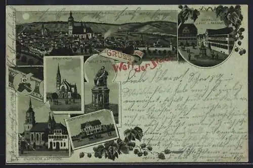 Mondschein-Lithographie Weil der Stadt, Restaurant am Bahnhof, Gasthaus zur Post, Kepler-Denkmal, Brenz-Kirche