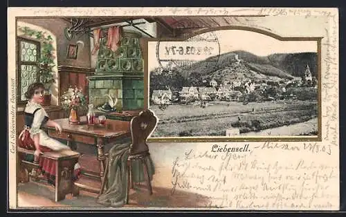 Lithographie Liebenzell, Frau sitzt auf einer Bank einem Tisch, Ortsansicht