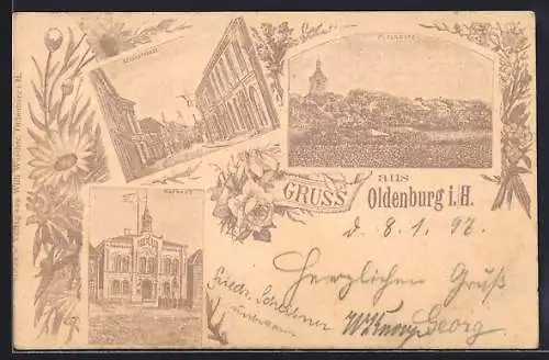Lithographie Oldenburg i. H., Schuhstrasse mit Gebäudeansicht, Rathaus, Totalansicht