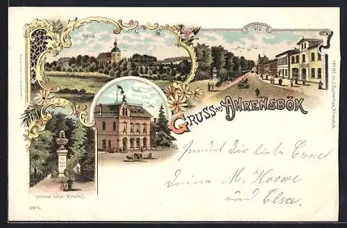Lithographie Ahrensbök, Post mit Pferdekutsche, Denkmal von Kaiser Wilhelm I., Kirche