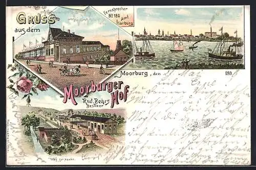 Lithographie Hamburg-Moorburg, Gasthaus Moorburger, Hof, Weg zur Haake, Uferpartie mit Booten