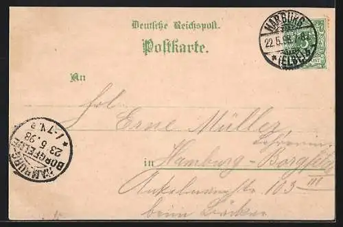 Lithographie Hamburg-Moorburg, Gasthaus Moorburger, Hof, Weg zur Haake, Uferpartie mit Booten