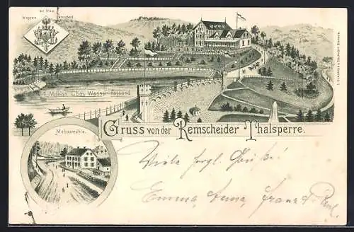 Lithographie Remscheid, Thalsperre und Mebusmühle