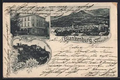 AK Blankenburg /Schwarzathal, Hotel Greifenstein, Ruine Greifenstein und Ortsansicht aus der Vogelschau