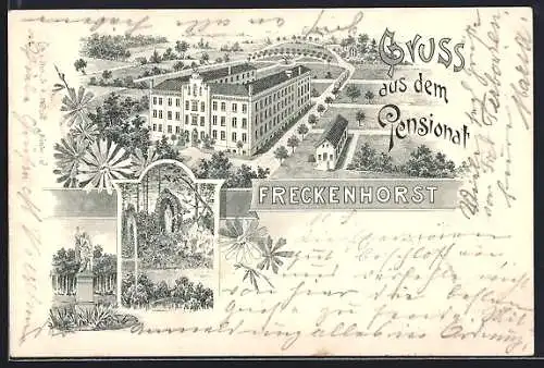 Lithographie Freckenhorst, Blick auf das Pensionat und die Gartenanlage