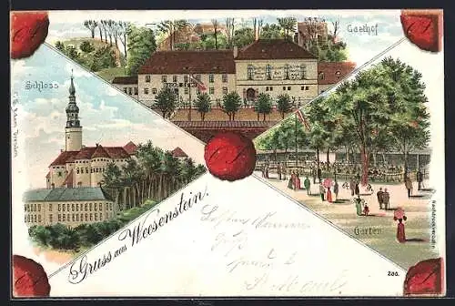 Lithographie Weesenstein, Gasthaus Oscar Senf, Schloss und Garten