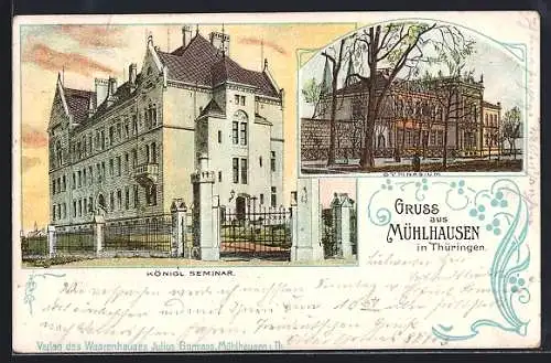 Lithographie Mühlhausen i. Th., Königliches Seminar und Gymnasium