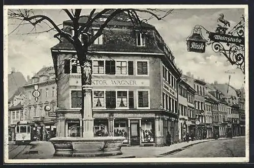 AK Freiburg i. Br., Hotel Zum Rössle, Herrenstrasse 52, Strassenbahn
