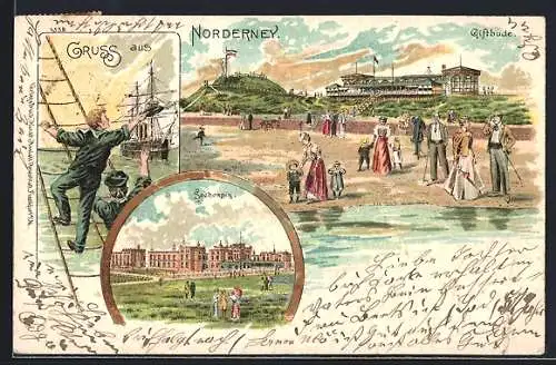 Lithographie Norderney, Seehospiz, Giftbude mit Strand, Matrosen winken Dampfer zu