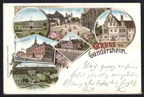 Lithographie Bad Gandersheim, Progymnasium, Abtei mit Elisabethbrunnen, Marktplatz und Stiftskirche