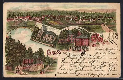 Lithographie Ingersleben, Gasthaus Felsenkeller von E. Zaumseil, Gartenlocal, Villa des Herrn Ökonomierat Wagner