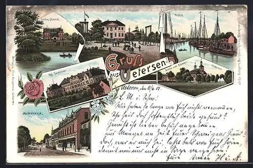 Lithographie Uetersen, Handels Lehr-Anstalt, Hafen, Kirche und Kloster