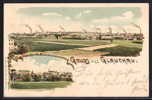 Lithographie Glauchau, Panoramablick auf die Ortschaft