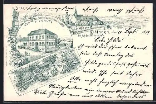 Lithographie Eibingen bei Rüdesheim, Gasthaus Weinwirtschaft zur Schönen Aussicht, Bes. F. Fendel