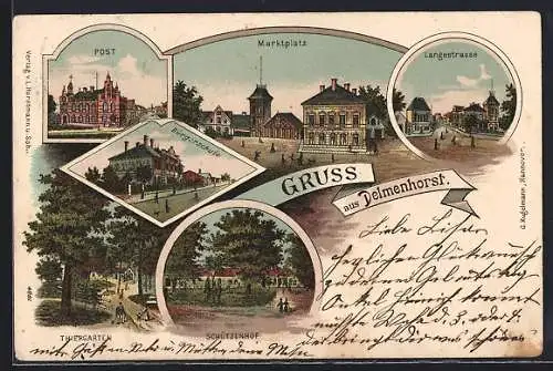 Lithographie Delmenhorst, Gasthaus Schützenhof, Langestrasse, Bürgerschule