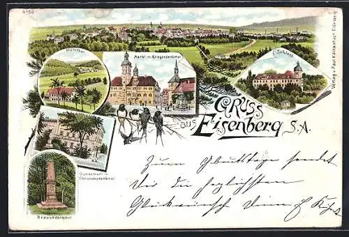 Lithographie Eisenberg /S. A., Markt mit Kriegerdenkmal, Gymnasium mit Christiansdenkmal