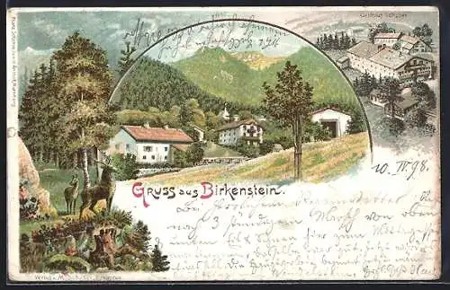 Lithographie Birkenstein, Teilansichten, Gasthaus Schober, Waldbewohner