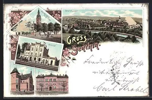 Lithographie Genthin, Bahnhof, Kgl. Lehrer-Seminar, Präparandenanstalt, Marktplatz