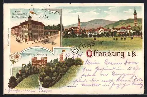Lithographie Offenburg i. B., Hotel Rheinischer Hof, Schloss Ortenberg