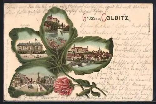 Passepartout-Lithographie Colditz, Diverse Eindrücke der Stadt, Kleeblatt