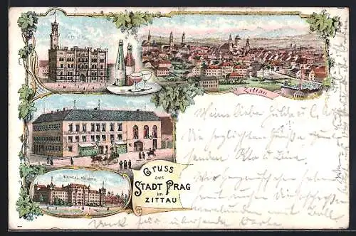 Lithographie Zittau, Gasthaus Stadt Prag, Mansau Kaserne