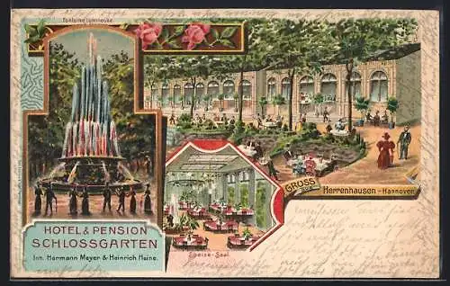 Lithographie Herrenhausen, Hotel u. Pension Schlossgarten, Speisesaal, Fontaine