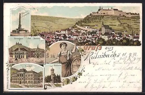 Lithographie Kulmbach, Rehturm, Realschule, Verenshaus mit Post und Rathaus