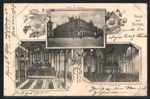 AK Barmen, Hôtel Vereinshaus, Innenansichten Kirchensaal & grosser Festsaal