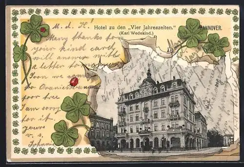 Lithographie Hannover, Hotel zu den Vier Jahreszeiten, Inh. Karl Wedekind mit Kleeblättern und Marienchenkäfern