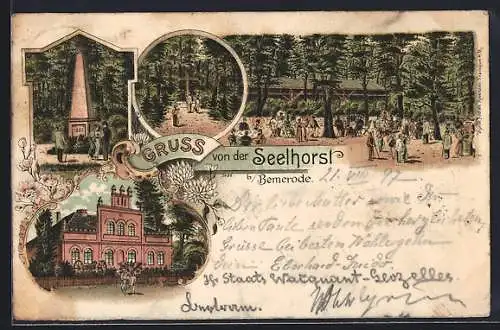 Lithographie Bemerode, Gasthaus Seelhorst, Denkmal, Kreuz