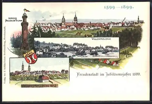 Lithographie Freudenstadt, Teilansicht im Jahre 1643, Herzog Friedrich Turm, Villenkkolonie